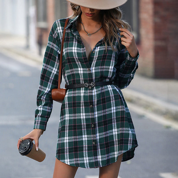 Women's Fashion Long Plaid Shirt Dress-Lady Dresses-Zishirts