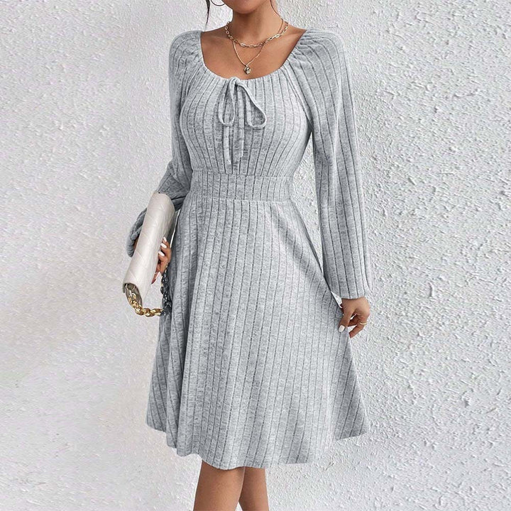 Square-neck Cinched Large Skirt Long Sleeve Dress-Lady Dresses-Zishirts