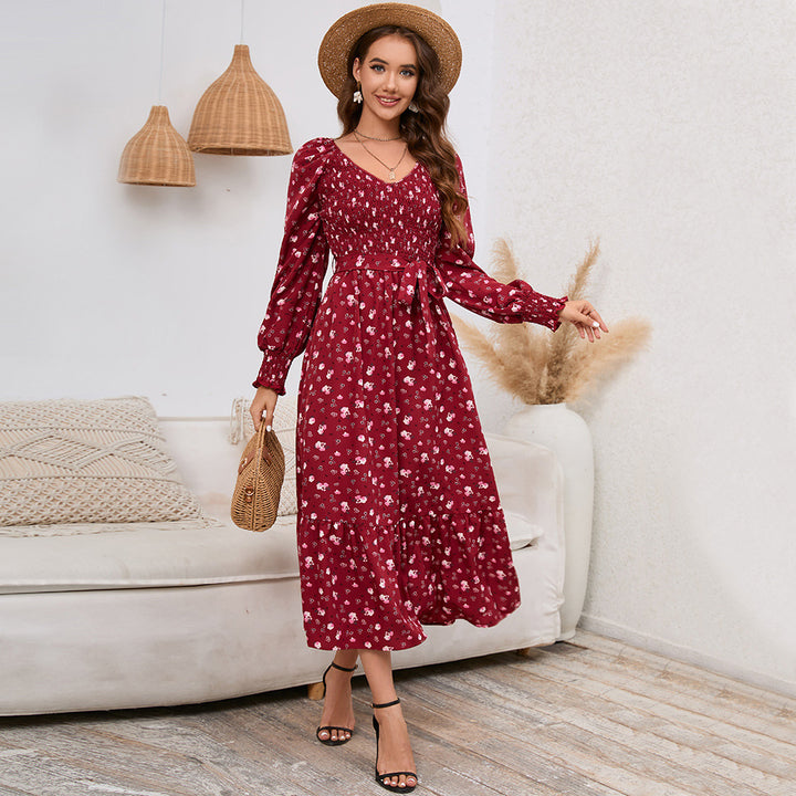 Women's All-matching Slim Fit Slimming Bubble Long Sleeve V-neck Floral Long Dress-Lady Dresses-Zishirts