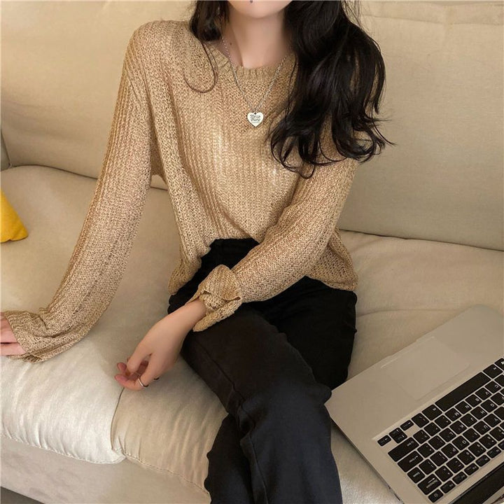 Women's Knitwear Autumn Ice Silk Hollow-out Knitted Blouse Outer Wear Thin Pullover Long Sleeve Sweater Fashion-Sweaters-Zishirts