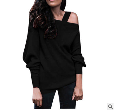 Long Sleeve Solid Color Rib Fabric Shoulder-baring Sweater Sweater-Blouses & Shirts-Zishirts