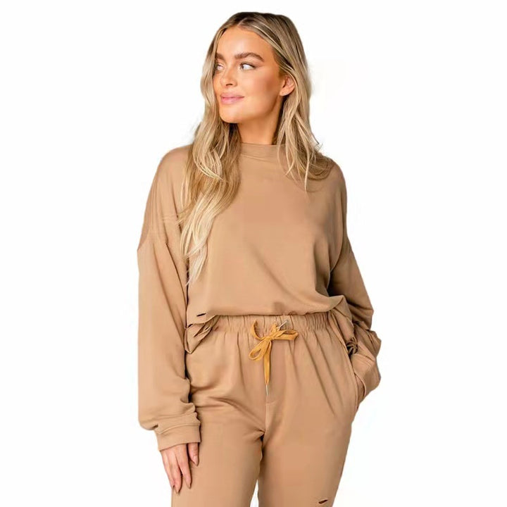 Women's Solid Color Ripped Round Neck Pullover Pants Casual Long Sleeve Sweatshirt Cotton Suit-Women's Outerwear 2023-Zishirts