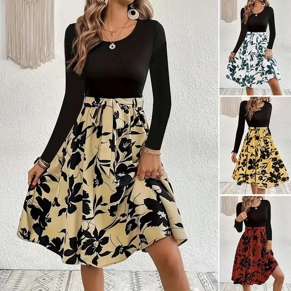 Women's Dress Printed Dress Round Neck Tied-Lady Dresses-Zishirts