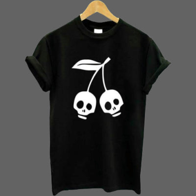 Cherry Death Head Black T-shirt-Women's Outerwear 2023-Zishirts