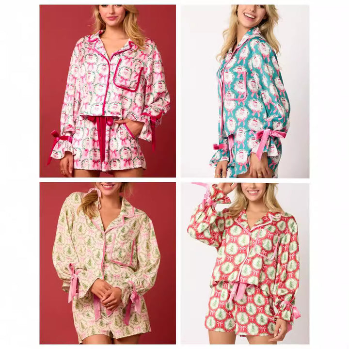 2 Pcs Women's Christmas Pajama Set Santa Tree Print Lapel Neck Button-up Long Sleeve Tops Shorts Loungewear Outfit-Suits & Sets-Zishirts