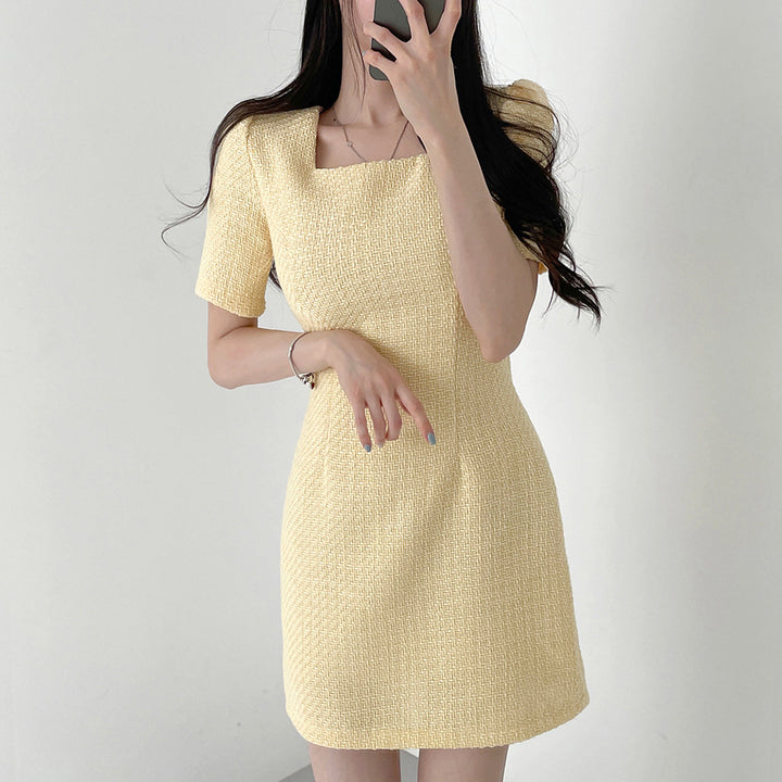 Classic Style Square Collar Short Sleeve Waist Slimming Square Collar Dress Women-Lady Dresses-Zishirts