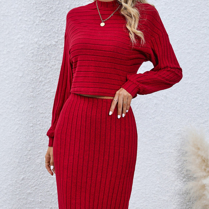 Long Sleeve Top Solid Color Hip Skirt Two Pieces-Suits & Sets-Zishirts