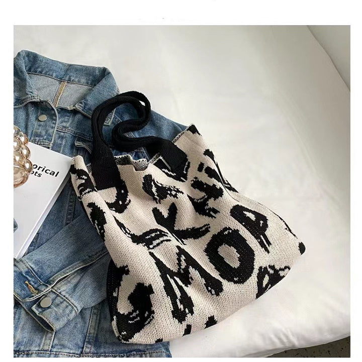 Letter Printed Knit Bag Fashion Shopping Shoulder Bag Large Capacity Handbag-Women's Bags-Zishirts