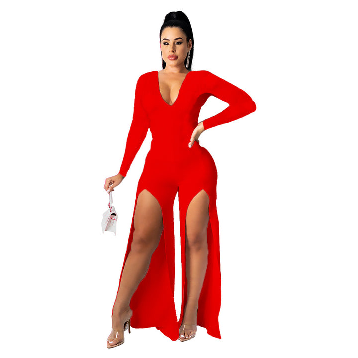 Women's V-neck Solid Color Split Leg Jumpsuit-Suits & Sets-Zishirts