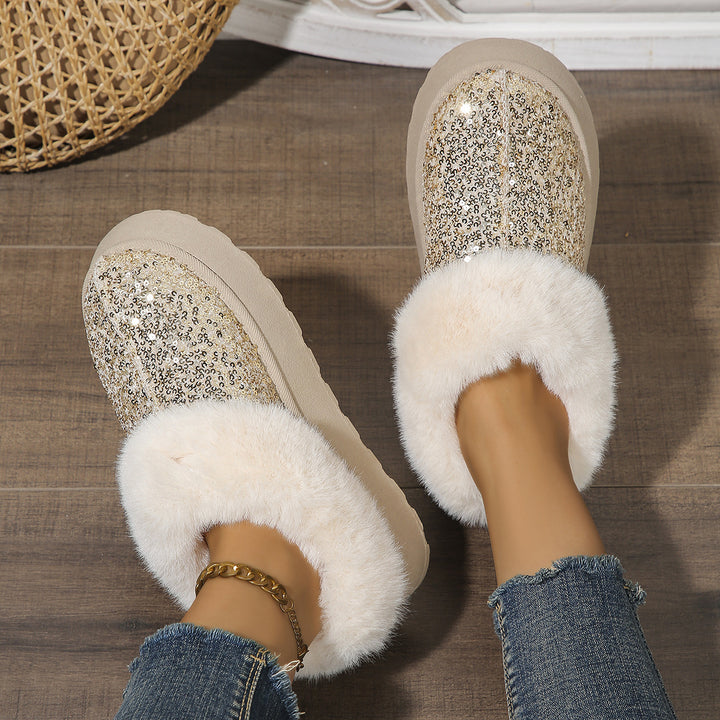 Fashion Sequined Thick-soled Plush Shoes Winter Indoor And Outdoor Casual Warm Slippers Women Garden House Shoes-Womens Footwear-Zishirts