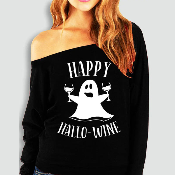 Halloween Printed Off-the-shoulder Off-neck European And American T-shirt-Blouses & Shirts-Zishirts