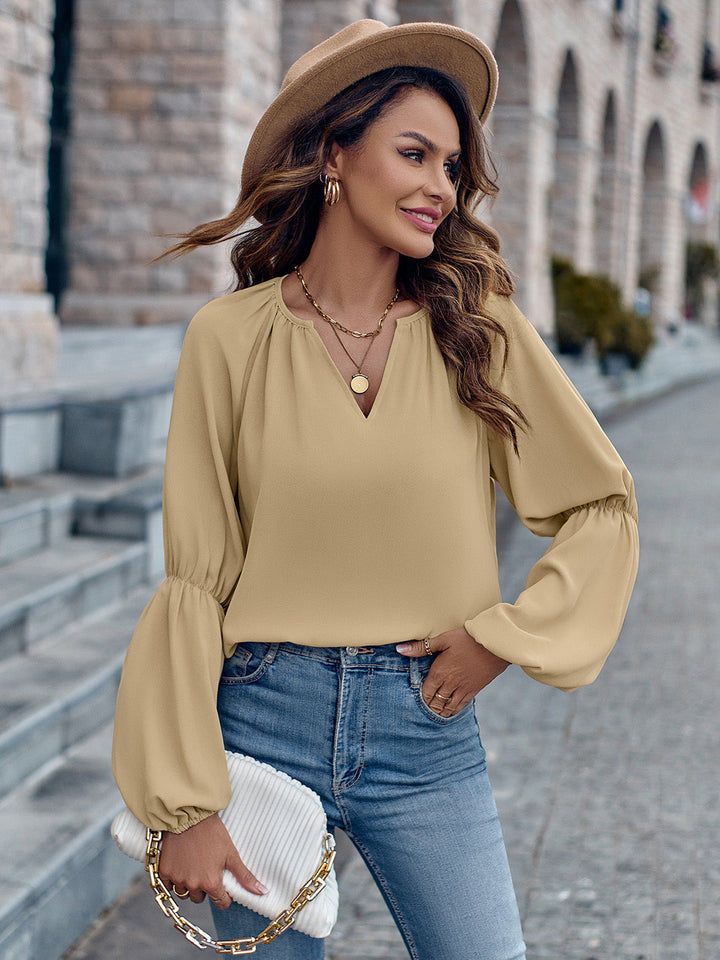 Solid Color And V-neck Loose Casual Women's Top-Blouses & Shirts-Zishirts