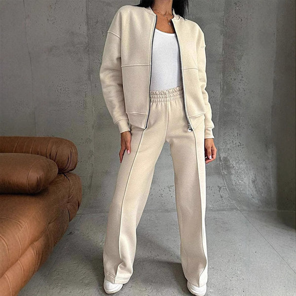 Women's Zipper Jacket Wide Leg Pants Two-piece Set-Suits & Sets-Zishirts