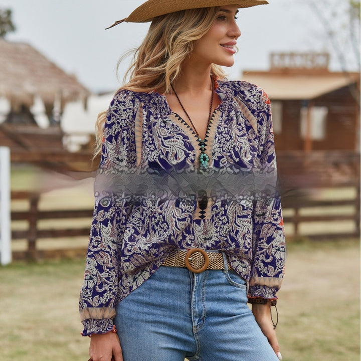 Women's Bohemian Print Flare Sleeve Shirt-Womens 2024 March-Zishirts