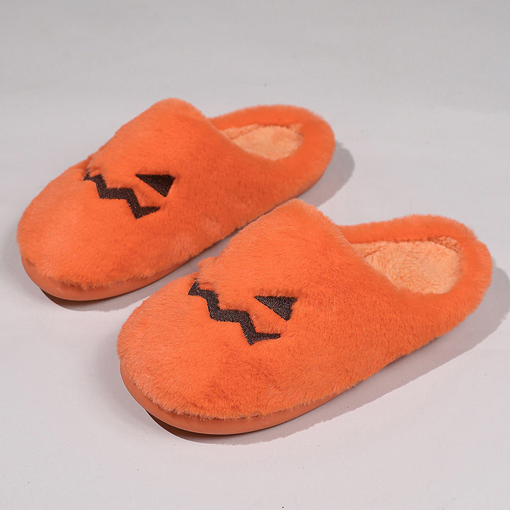 Cute Halloween Pumpkin Slippers Winter Warm Plush Bedroom Floor Home Slippers Casual Slip On Comfortable Cozy Indoor House Shoes-Womens Footwear-Zishirts