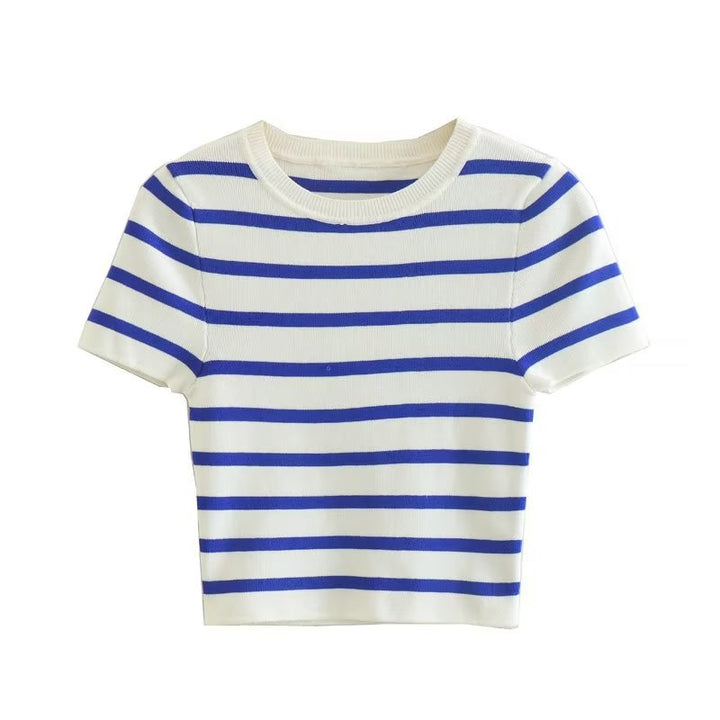 Striped Round Neck Short Sleeve Knitted Sweater-Sweaters-Zishirts