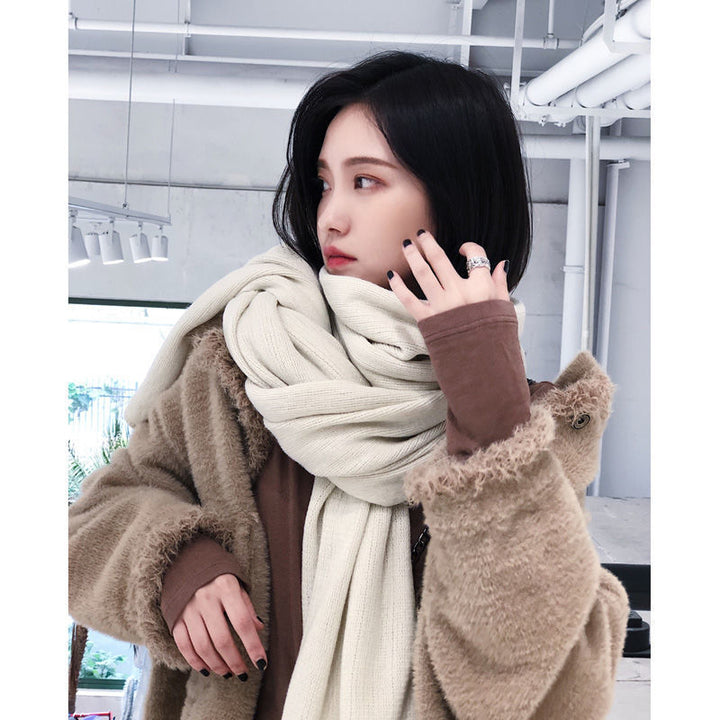 Pure Color Knitted Wool Net Red Scarf Women Autumn And Winter Thicken Warm-Scarves & Wraps-Zishirts