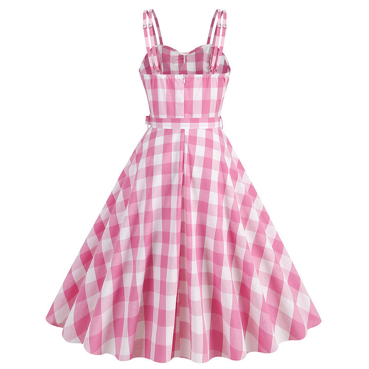 Hepburn Style British Lattice Vintage Belt Barbie Pink Women's Dress-Lady Dresses-Zishirts