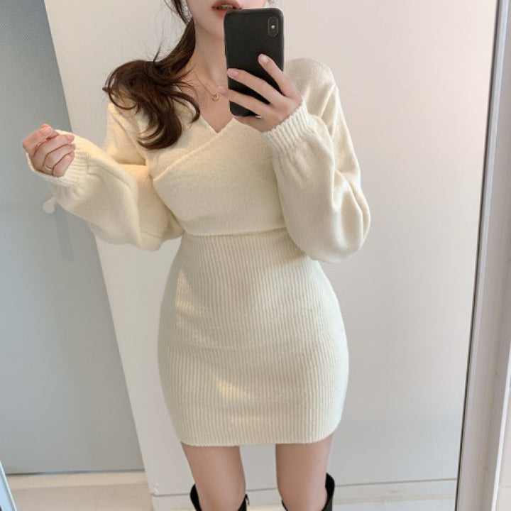 Cross V-neck Hip Women's Knitted Dress Sweater-Lady Dresses-Zishirts