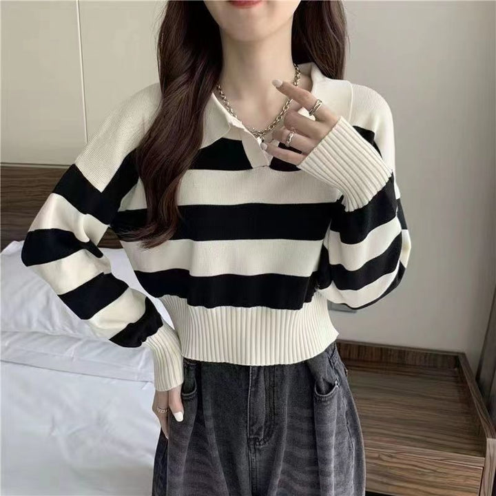 Polo Collar Stripes Knitwear Loose Small Short Sweater Autumn And Winter-Sweaters-Zishirts