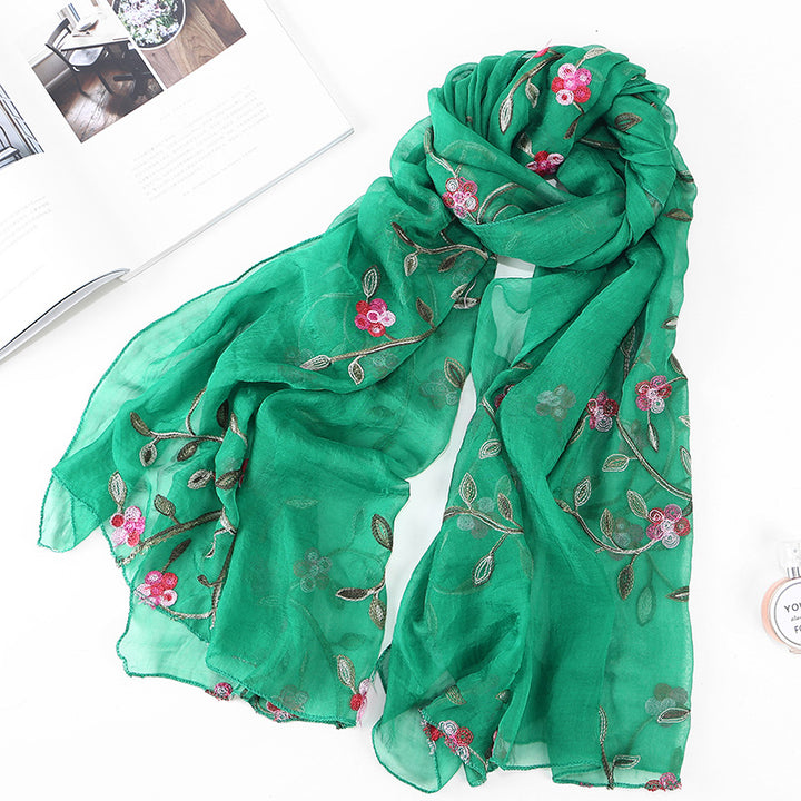 Women's Chiffon Flower Embroidered Silk Scarf Beach Shawl-Scarves & Wraps-Zishirts