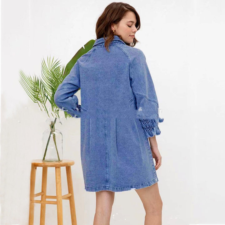 Lantern Sleeve Denim Polo Shirt Jumpsuit Skirt-Lady Dresses-Zishirts