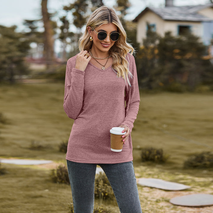 Solid Color And V-neck Hooded Long-sleeved Casual Bottoming T-shirt-Blouses & Shirts-Zishirts