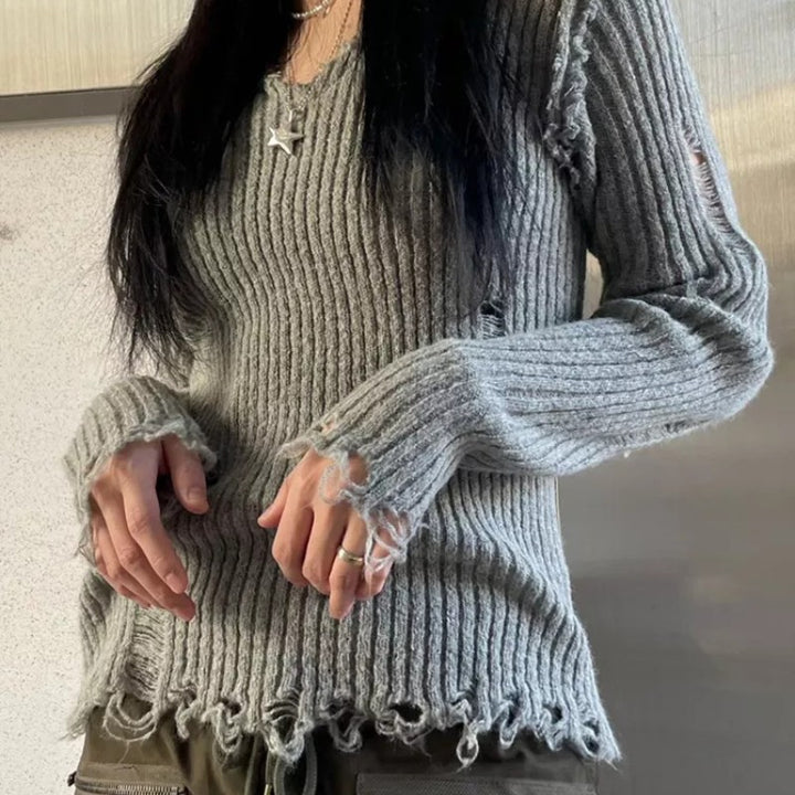 New Elegant V-neck Hand Frayed Long-sleeved Bottoming Sweater-Sweaters-Zishirts