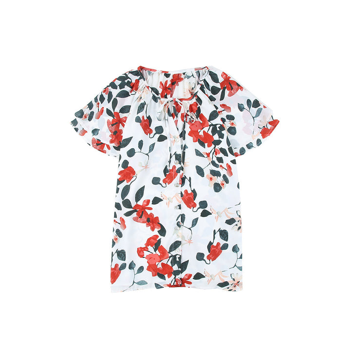 Floral V-neck Cardigan Button Shirt-Blouses & Shirts-Zishirts