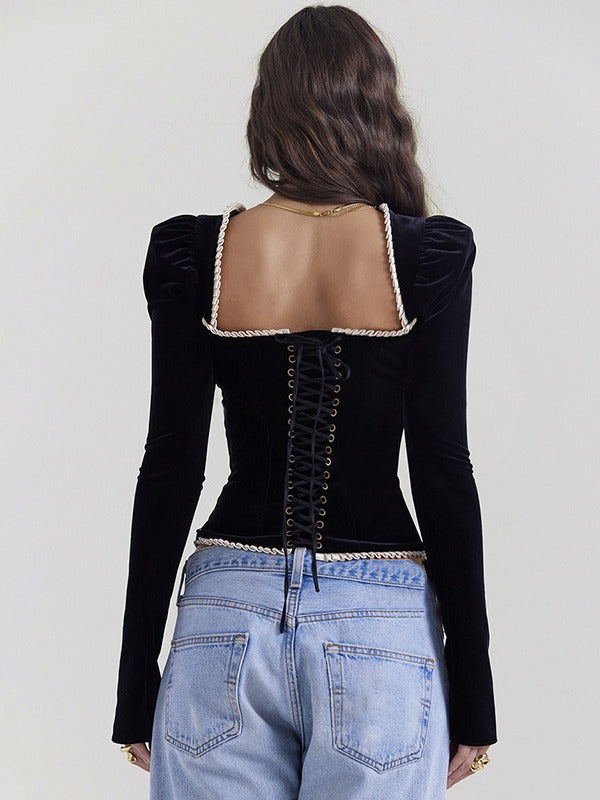 Women's Square Collar Velvet Backless Lace Up T-shirt Top-Women's Outerwear 2023-Zishirts