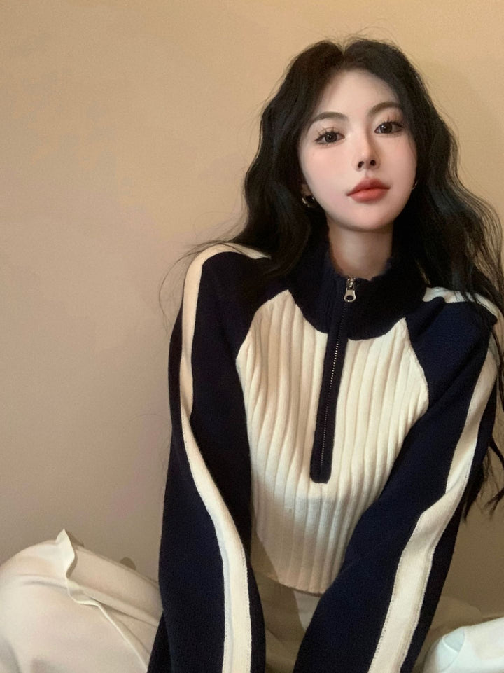 Sweet Cool Korean Style Women's Contrast Color Sweater Autumn And Winter New High Waist Raglan Sleeve Zipper Short Sweater-Sweaters-Zishirts