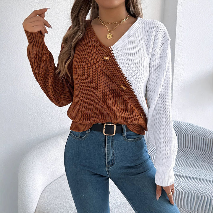 Casual V-neck Button Contrast Color Lantern Sleeve Pullover Sweater-Sweaters-Zishirts