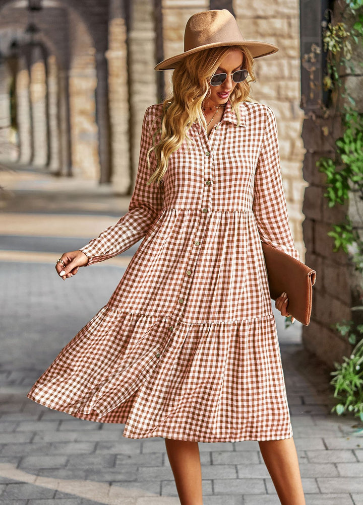 Wide Hem Long Sleeve Dress Plaid Casual Dress-Lady Dresses-Zishirts