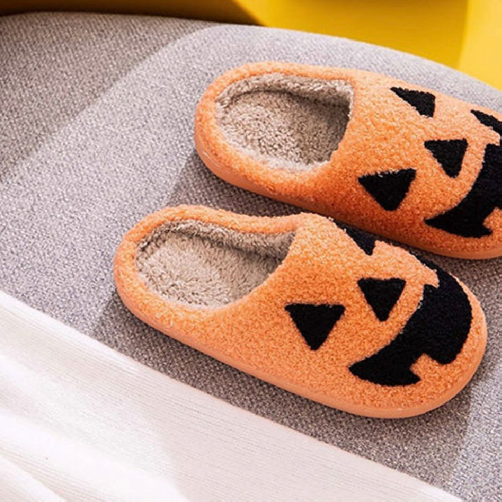 Halloween Pumpkin Grimace Cotton Slippers-Womens Footwear-Zishirts