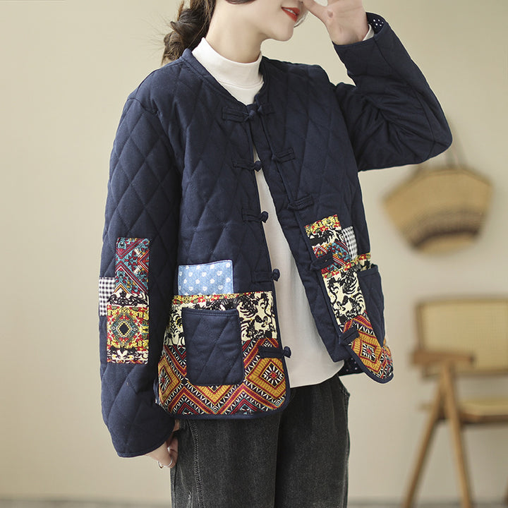 Vintage Patch Cardigan Loose Casual Buckle Rhombus Cotton-padded Jacket-Jackets-Zishirts