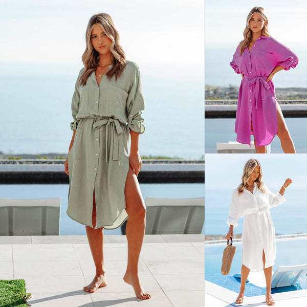 Women's Solid Color Long-sleeved Shirt Dress-Lady Dresses-Zishirts