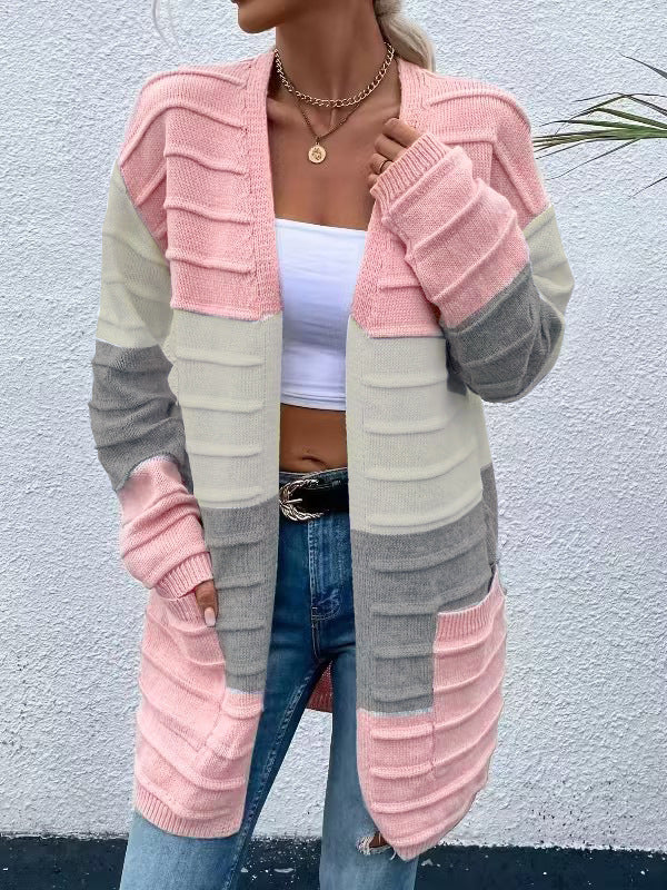 Amazon AliExpress Sweater Women's 2024 Fashion Jacket With Big Pockets Autumn And Winter Long Striped Color Matching Cardigan-Jackets-Zishirts