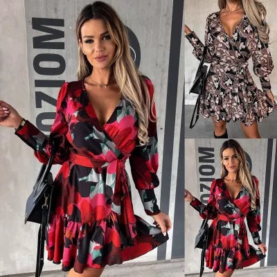 Women's Long-sleeved Fashion Printed Waist-controlled Lace-up Shirt Dress-Suits & Sets-Zishirts