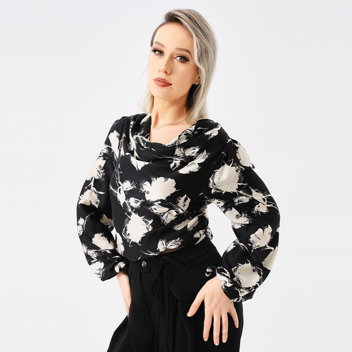 Elegant Ladies Print Front Drop Collar Blouse-Blouses & Shirts-Zishirts