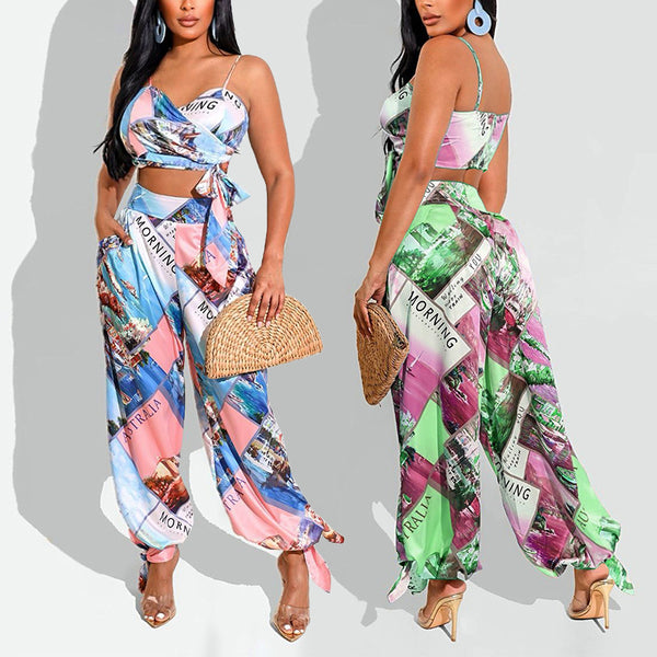 Women's Printed Chest Wrap Harem Pants Suit-Suits & Sets-Zishirts