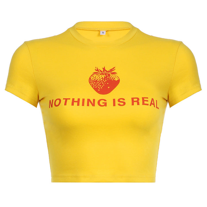 Bright Yellow Strawberry Letter Printing Midriff-baring Short Sleeve-Blouses & Shirts-Zishirts