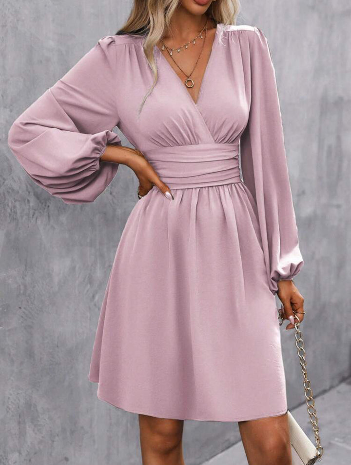 Foreign Trade Amazon Solid Color Chest Wrap V-neck Lantern Sleeve Dress-Lady Dresses-Zishirts