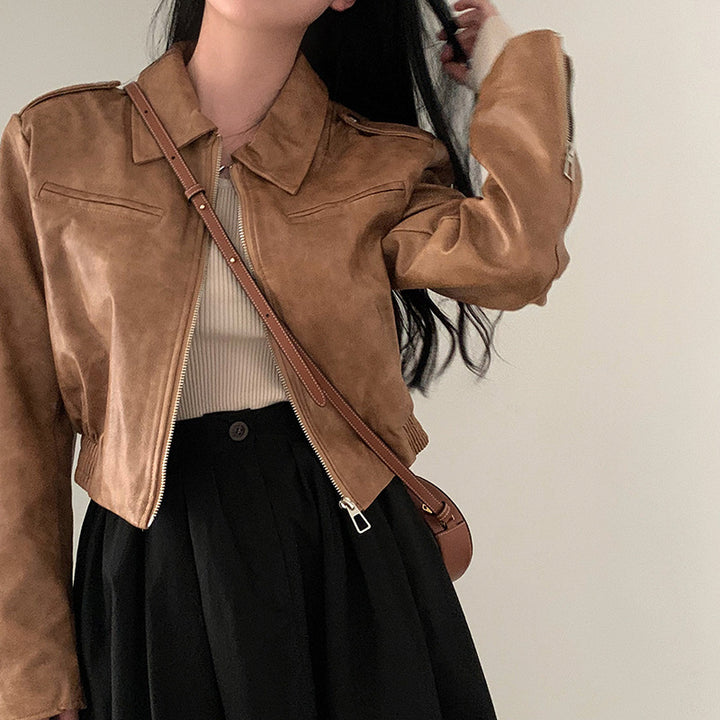 Solid Color Zipper Small Loose Lapels Fashion American Leather Coat Women's-Jackets-Zishirts