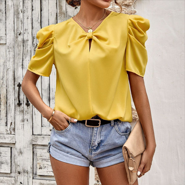 Solid Color Puff Sleeve V-neck Slim-fitting New Women's Shirt-Blouses & Shirts-Zishirts