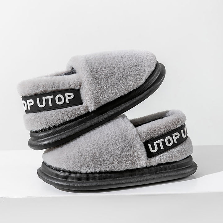 Winter Letter Cotton Shoes With Heel Garden Outdoor Indoor Floor Home Slippers Thick-soled Plush Slippers Women Men Couple-Womens Footwear-Zishirts