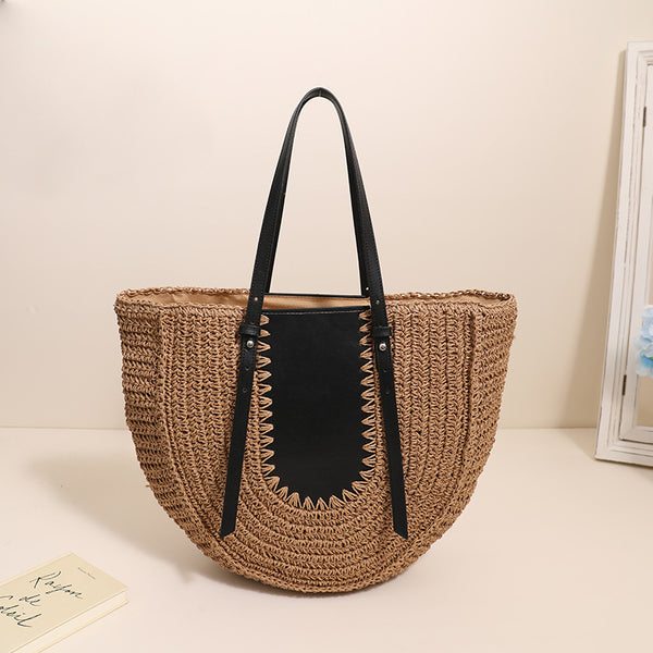 Semicircle Large Capacity French Shoulder Straw Bag-Women's Bags-Zishirts