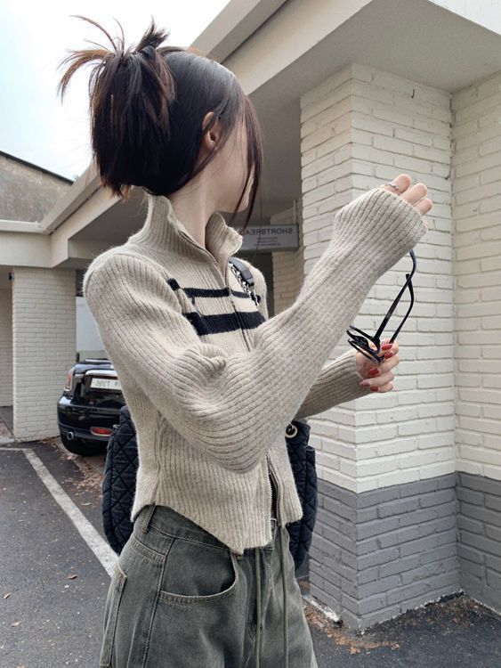 Casual Stand Collar Zipper Sweater Coat Slim Top For Women-Sweaters-Zishirts