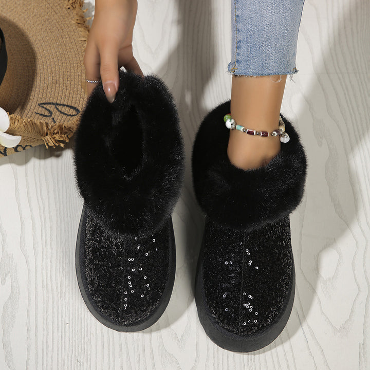 Fashion Sequined Thick-soled Plush Shoes Winter Indoor And Outdoor Casual Warm Slippers Women Garden House Shoes-Womens Footwear-Zishirts