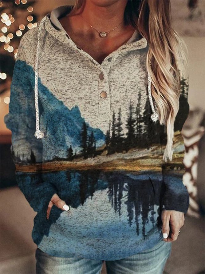 Retro Animal Nature Abstract Printing Brown Button Hoodie-Women's Outerwear 2023-Zishirts