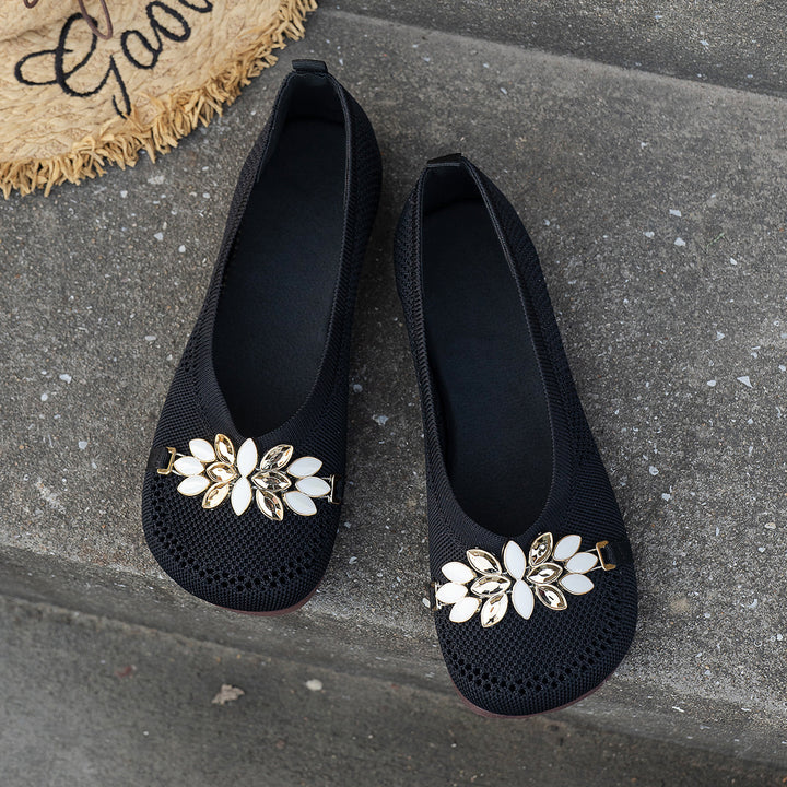 Round Toe Flat Shoes With Floral Metal Decoration Women's Knitted Soft-soled Shoes-Womens Footwear-Zishirts